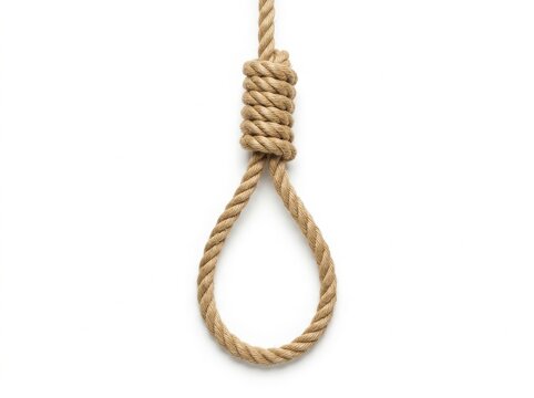 A hangmans noose made of thick brown rope isolated on white background