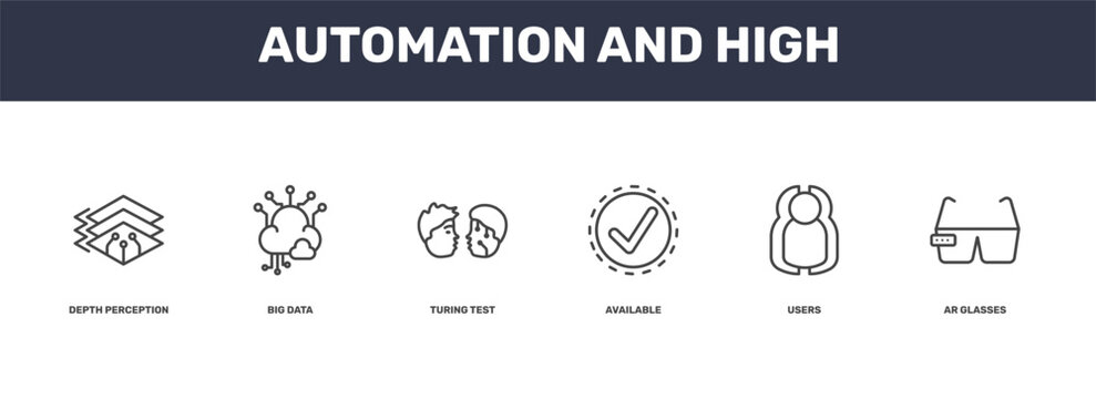 automation and high icon set with depth perception, big data, users, ar glasses signs in flat outline style