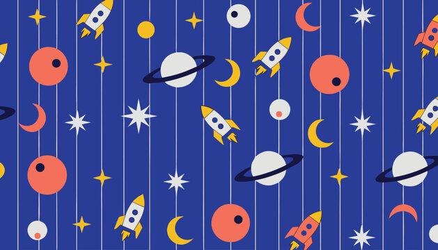 Outer space pattern with flying rockets and planets