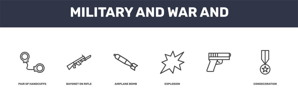 military and war and icon set with pair of handcuffs, bayonet on rifle, , condecoration signs in flat outline style