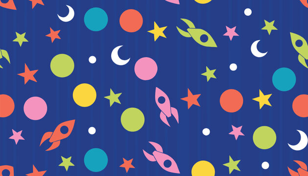 Playful space seamless pattern with stars and rockets
