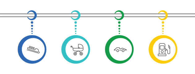Fototapeta premium transportation icon set with bobsleigh, pram, formula 1, petrol station signs in flat outline style