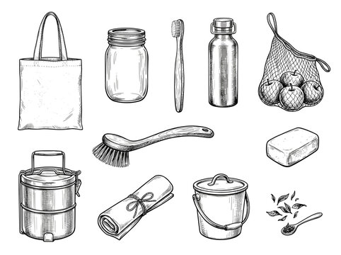 Zero waste eco friendly hand drawn doodle elements set with canvas bag and glass jar on white background