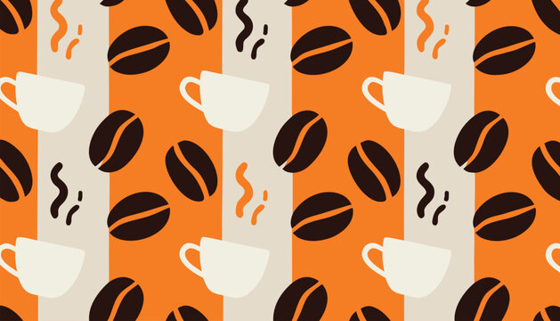 Seamless pattern with coffee beans and cups on orange and beige stripes for cafe wallpaper