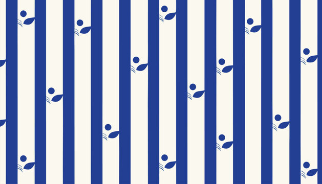 Seamless pattern with blue vertical stripes and abstract plant leaves or buds, simple elegant botanical design