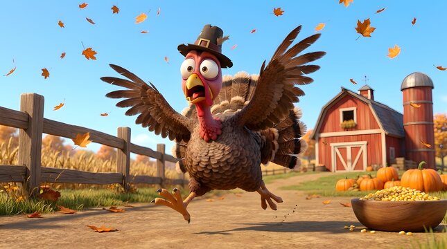 Funny cartoon turkey wearing a pilgrim hat running on a farm during autumn with falling leaves