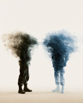 Military silhouettes fading into abstract symbols of dialogue and collaboration, de-escalation concept, editorial-free design