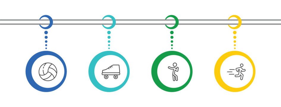 sport and game icon set with volleyball ball, roller skate, dancing motion, excercise signs in flat outline style