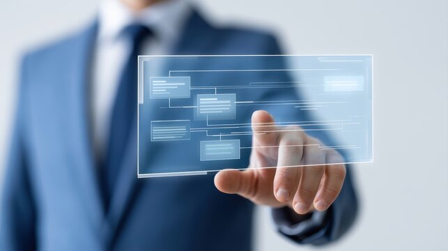 Business professional optimizing operational efficiency through a holographic workflow automation dashboard with task dependencies and approval chains