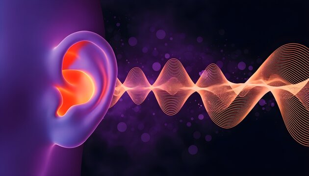 Human ear silhouette with glowing orange sound waves representing audio and hearing science