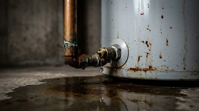 Old rusty domestic water heater tank leaking water from corroded valve pipe connection on concrete floor causing wet spill in basement setting requiring urgent plumbing repair work.