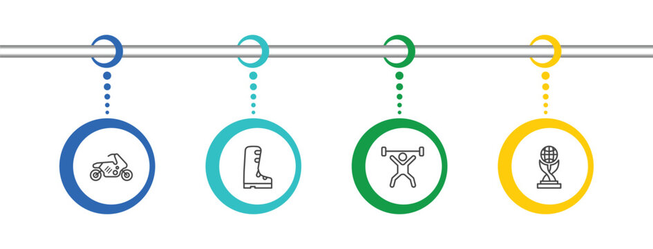 sport and game icon set with race bike, ski boots, weight lifting, world cup signs in flat outline style