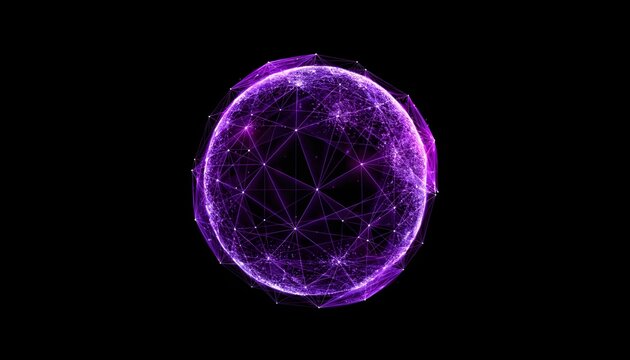 Glowing purple digital sphere with interconnected nodes and lines on a dark black background