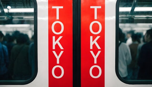 Close up of tokyo subway train doors with the word tokyo printed in white on red background