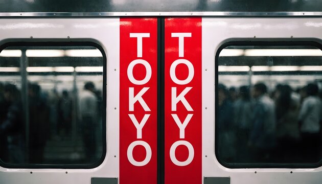 Tokyo subway train doors with the word tokyo printed in white on a red vertical stripe background