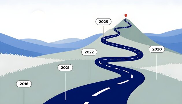 A winding road leading to a mountain peak with milestones for the years 2016, 2020, 2021, 2022, 2025