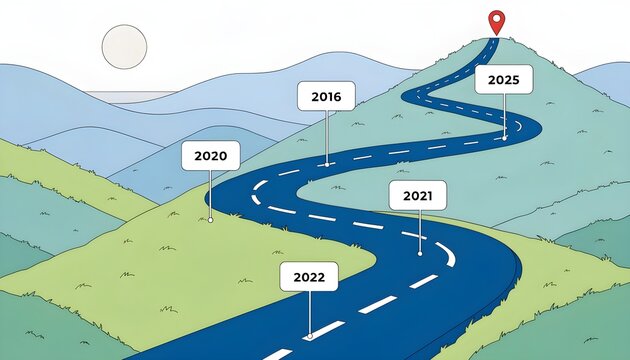 A winding road leading up a mountain with milestones marked by years 2016, 2020, 2021, 2022, 2025