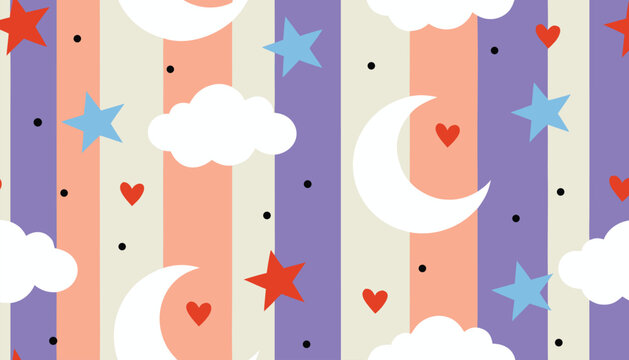 Seamless wallpaper pattern with crescent moons stars clouds and hearts