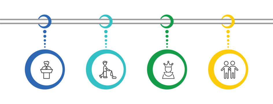people and relation icon set with leader speech, man vacuuming, empress, friends signs in flat outline style