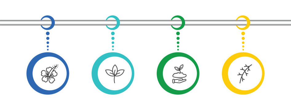 nature icon set with hibiscus, straberry leaf, seeding, larch leaf signs in flat outline style