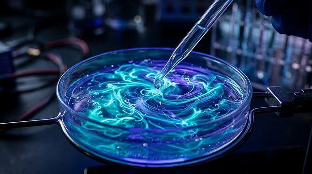 Pipette dispensing liquid into a glowing petri dish in a dark lab