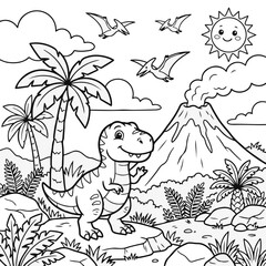 Smiling Baby T-Rex standing beside volcano in tropical landscape © Rahman ullah 