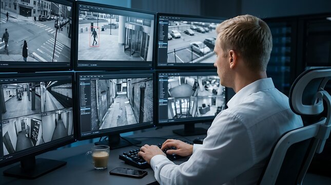 Security guard monitoring multiple surveillance cameras on multiple screens showing outdoor and indoor scenes including streets parking lots and entrances as criminal activity is detected on screen.
