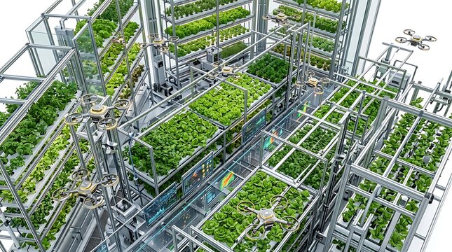 Smart automated vertical farm with drones monitoring crops