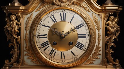 Fototapeta premium Ultra detailed antique luxury clock, massive ornate gold Roman numeral dial. 