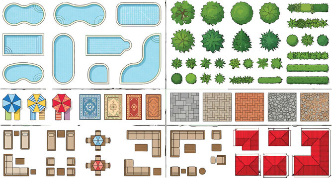 Top view landscape design elements set with swimming pools trees furniture and paving textures for architectural planning