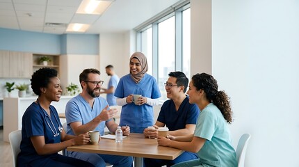 Fototapeta premium Diverse healthcare professionals sharing coffee during a work break