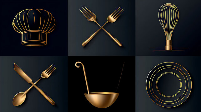 A luxurious set of vector icons for a fine dining restaurant: a chef's hat, crossed cutlery, a whisk, a ladle, and a plate, all in gold outlines on a dark blue and black background.