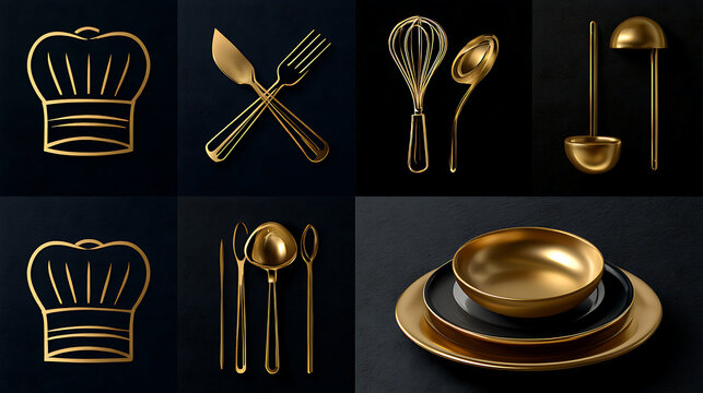 Luxury vector icon set for a fine dining restaurant, chef hat, crossed cutlery, whisk, ladle, and plate icons, gold line art on dark navy and black backgrounds