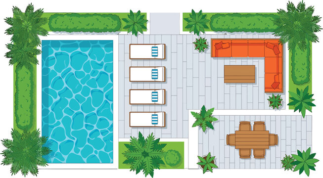 Top view of backyard patio with swimming pool, lounge chairs, outdoor sofa and dining table vector illustration