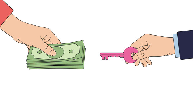 Financial exchange showing hands trading a stack of cash for a house or car key on a white background.