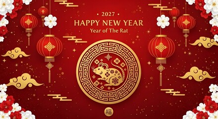 Naklejka premium Happy new year 2027 year of the rat greeting card with red lanterns and gold clouds