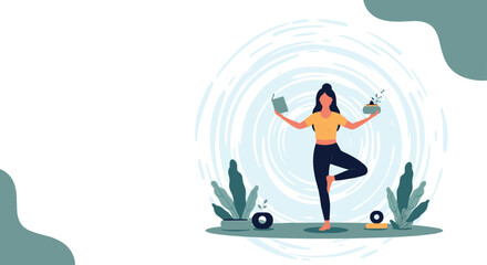 Obraz premium Serene woman practicing a balancing yoga pose while managing a book and a small plant for a healthy holistic lifestyle.