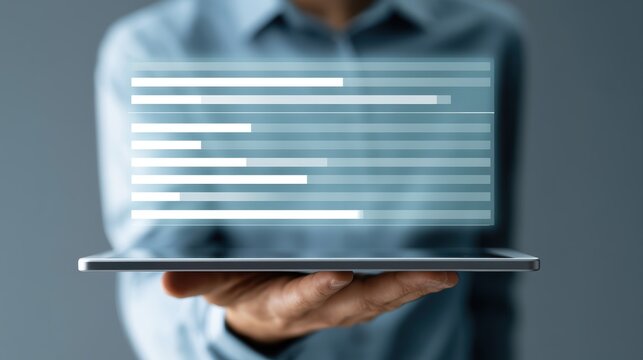Professional reviewing a holographic document management interface above a tablet screen, tracking approval stages, outstanding action items, and automated workflow progress for digital operations