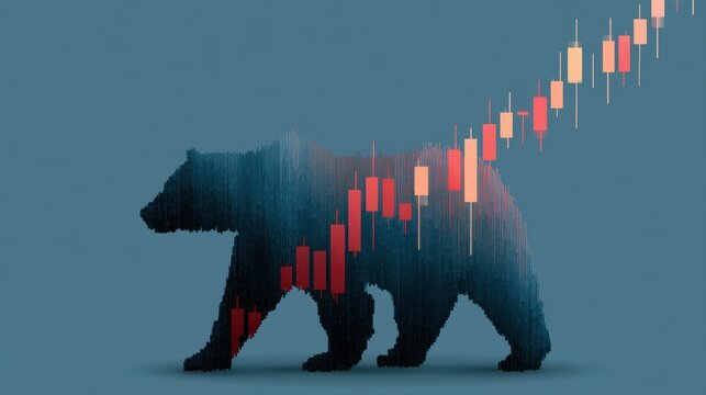 Bear market downturn illustrated with descending candlestick patterns creating a powerful bear shape, financial caution concept