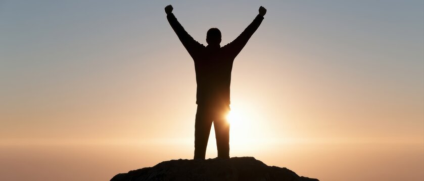 Silhouette of a person raising arms in triumph on a hilltop at sunrise, ultimate achievement and motivation concept