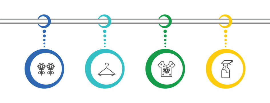 fashion and things icon set with stud, clothing hanger, t shirt with flowers, spray bottle signs in flat outline style
