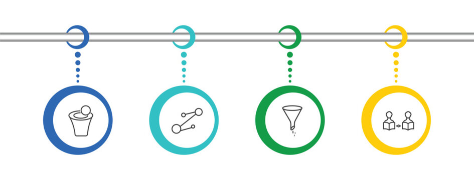distance learning icon set with spacetime curvature, molecular bond, chemistry funnel, asynchronous learning signs in flat outline style