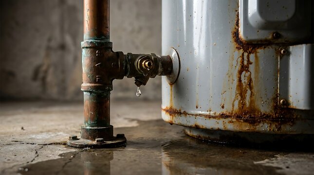 Rusted water heater pipe leaking water onto concrete floor, signs of corrosion and damage, plumbing problem.