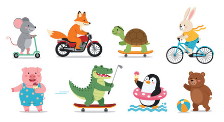 Fototapeta premium Cute cartoon illustration of various animals like a fox, mouse, turtle, and rabbit riding different vehicles and having fun together.