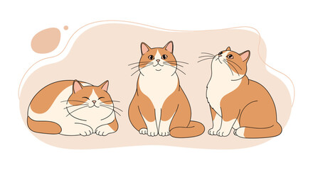 Fototapeta premium Adorable illustration of three ginger and white cats in various sitting and lying positions on a soft pastel background.