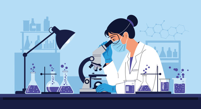 Professional female scientist wearing a mask and goggles while using a microscope in a chemistry lab surrounded by beakers and flasks.