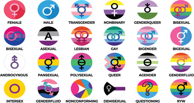 SEO-Optimized Title: LGBTQ pride flag icons and gender identity symbols vector set in flat circle badges collection for community graphics