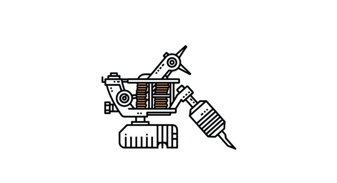 Detailed technical line drawing of a professional tattoo machine showing all the mechanical parts and components on a white background.