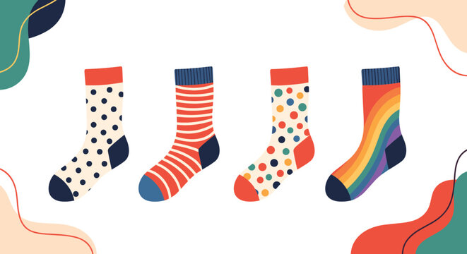 Set of four stylish pairs of socks with different colorful patterns like polka dots, stripes, and rainbow colors on a decorative background.