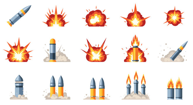 Collection of pixel art sprites showing different stages of missile flight and various fire explosions for video game design.